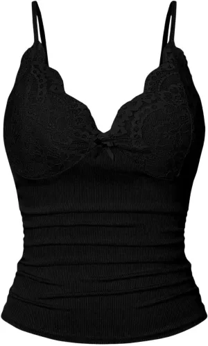 SOLY HUX Women's Lace Trim Camisole Summer V Neck Spaghetti Strap Slim Fit Going Out Cami Tops