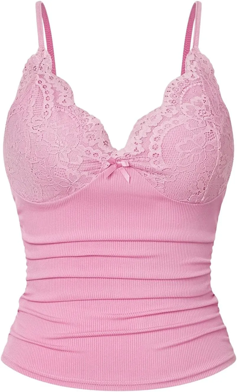 SOLY HUX Women's Lace Trim Camisole Summer V Neck Spaghetti Strap Slim Fit Going Out Cami Tops