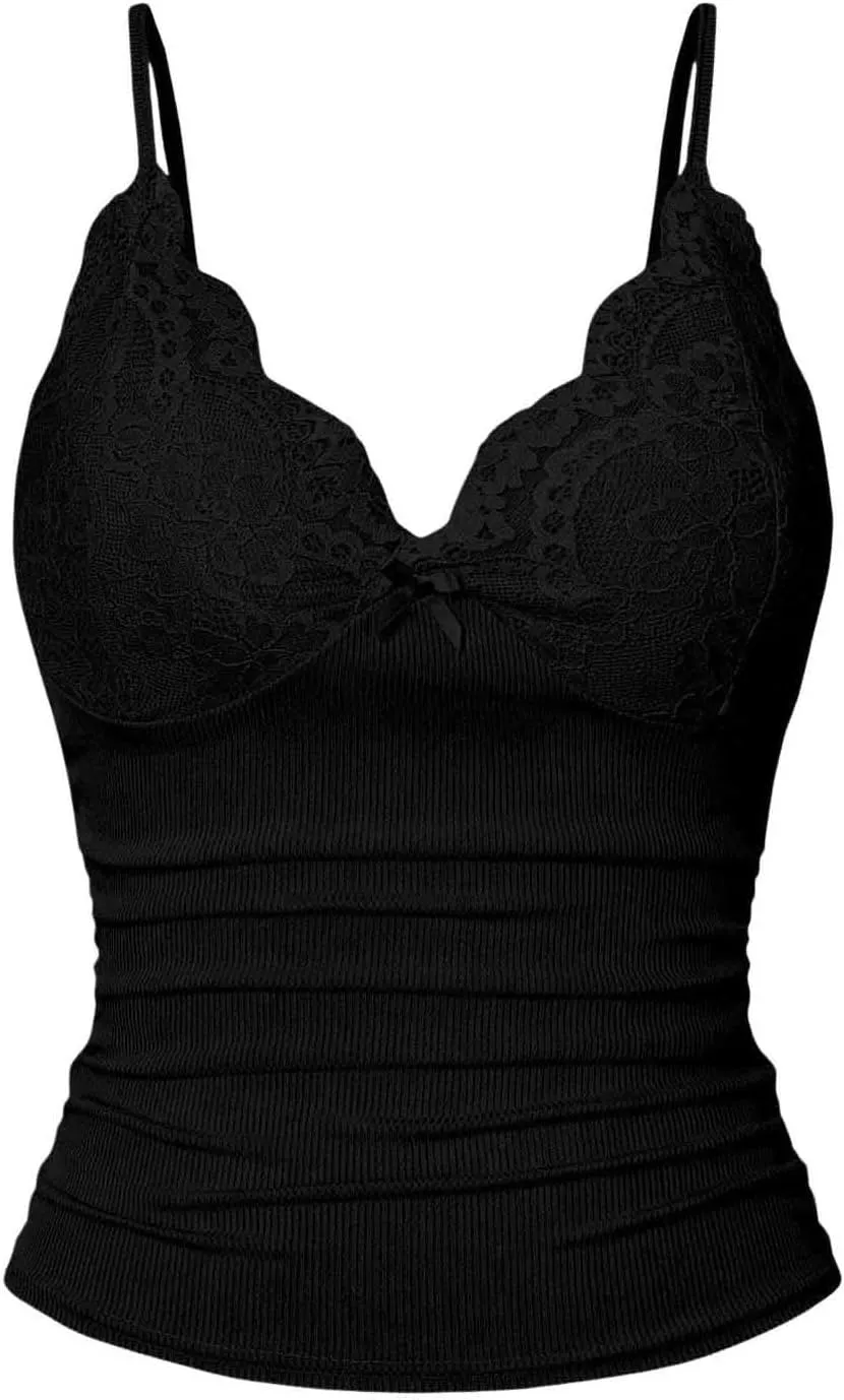 SOLY HUX Women's Lace Trim Camisole Summer V Neck Spaghetti Strap Slim Fit Going Out Cami Tops