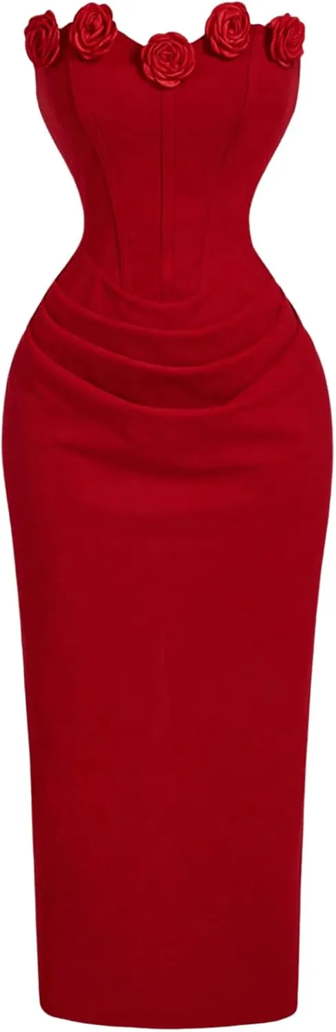 SOLY HUX Women's Midi Dress Floral Appliques Ruched Strapless Sleeveless Split Bodycon Tube Dresses