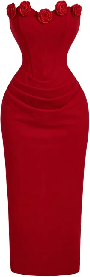 SOLY HUX Women's Midi Dress Floral Appliques Ruched Strapless Sleeveless Split Bodycon Tube Dresses