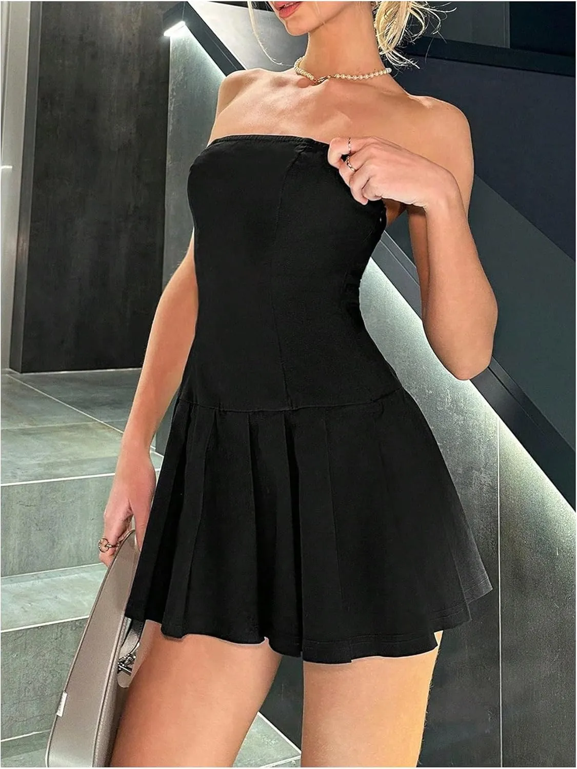 SOLY HUX Women's Pleated Tube Mini Dress Strapless Sleeveless A Line Summer Dresses