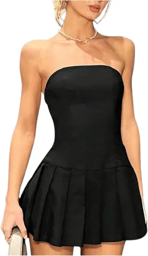 SOLY HUX Women's Pleated Tube Mini Dress Strapless Sleeveless A Line Summer Dresses