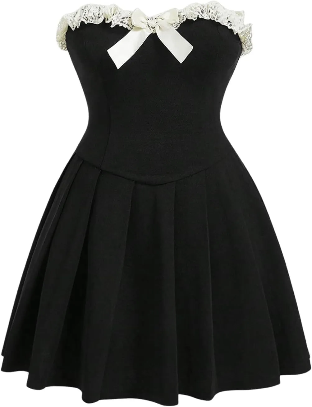 SOLY HUX Women's Plus Size Tube Dress Lace Trim Bow Strapless Sleeveless Pleated A Line Short Dresses
