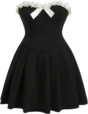 SOLY HUX Women's Plus Size Tube Dress Lace Trim Bow Strapless Sleeveless Pleated A Line Short Dresses