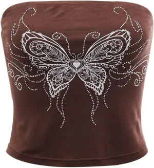 SOLY HUX Women's Rhinestone Cute Print Y2K Crop Tops Sleeveless Strapless Summer Bandeau Tube Top
