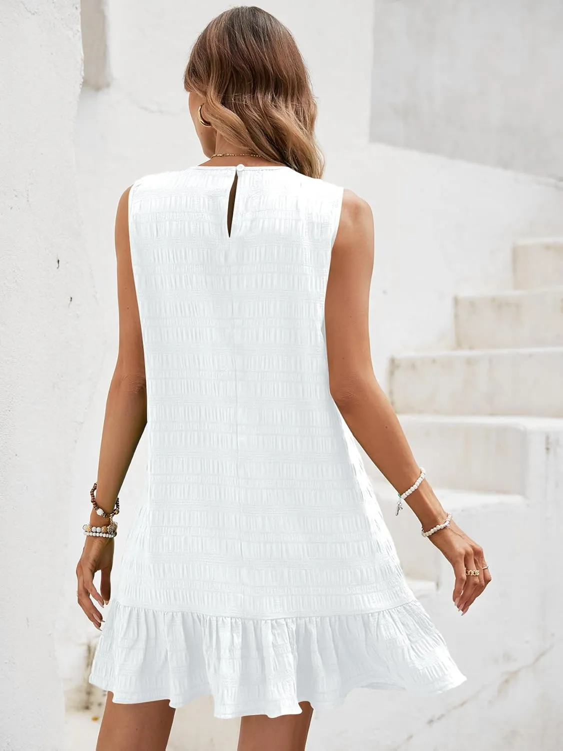 SOLY HUX Women's Ruffle Hem Sleeveless Tank Dress Round Neck Casual Smock Summer Mini Dresses