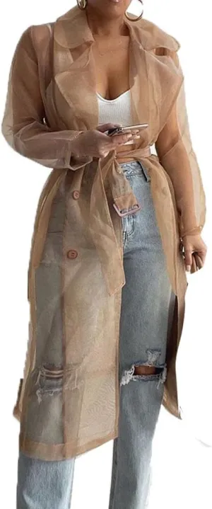SOMTHRON Women's Sheer Mesh Long Sleeve Jacket Summer See Through Belted Button Down Lightweight Cardigan