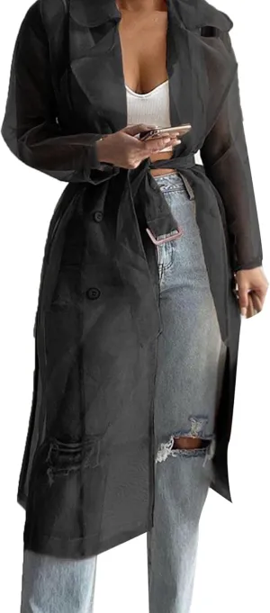 SOMTHRON Women's Sheer Mesh Long Sleeve Jacket Summer See Through Belted Button Down Lightweight Cardigan