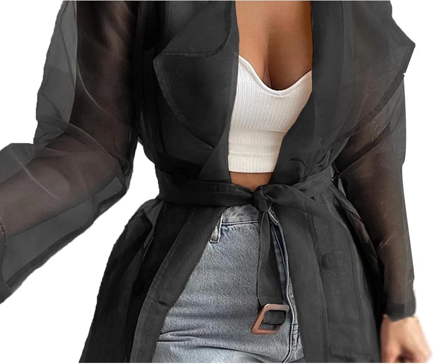SOMTHRON Women's Sheer Mesh Long Sleeve Jacket Summer See Through Belted Button Down Lightweight Cardigan