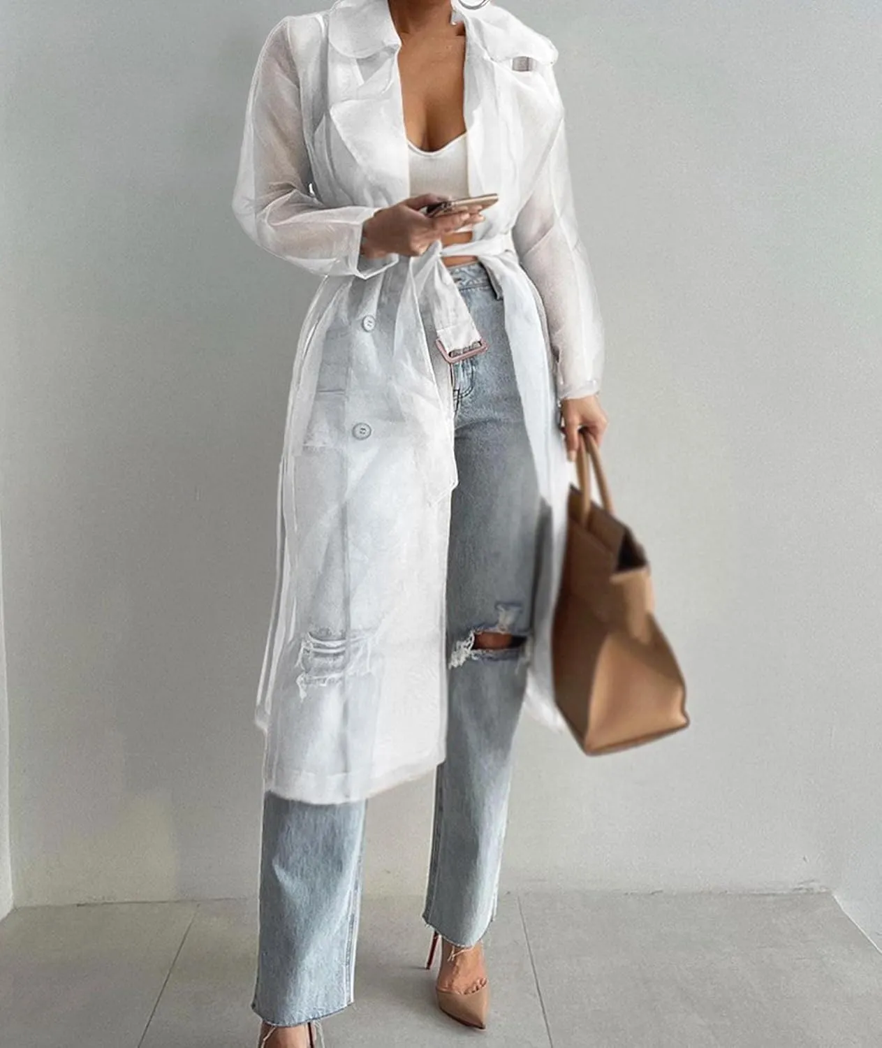 SOMTHRON Women's Sheer Mesh Long Sleeve Jacket Summer See Through Belted Button Down Lightweight Cardigan
