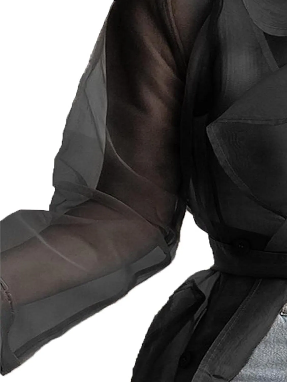 SOMTHRON Women's Sheer Mesh Long Sleeve Jacket Summer See Through Belted Button Down Lightweight Cardigan