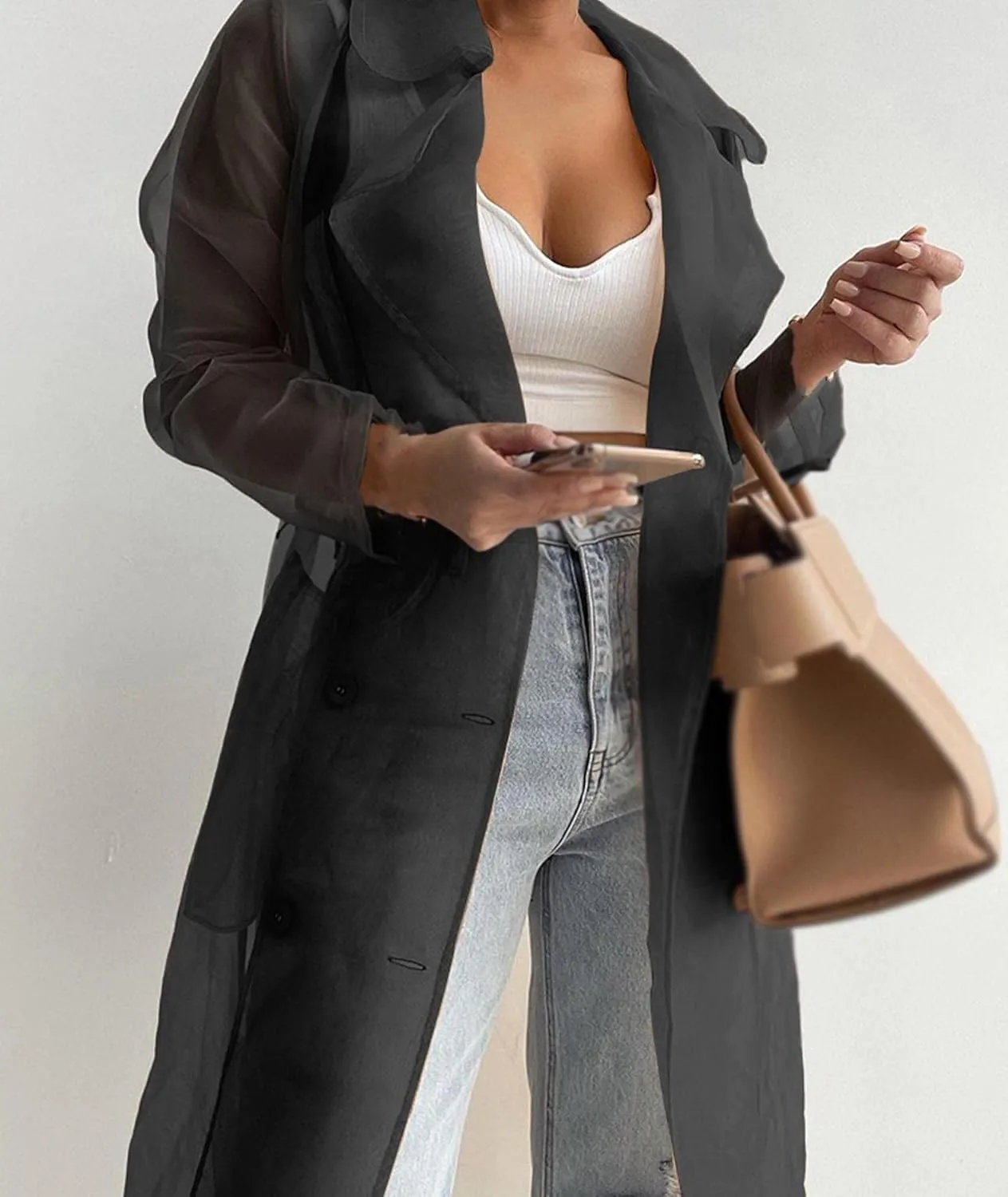 SOMTHRON Women's Sheer Mesh Long Sleeve Jacket Summer See Through Belted Button Down Lightweight Cardigan