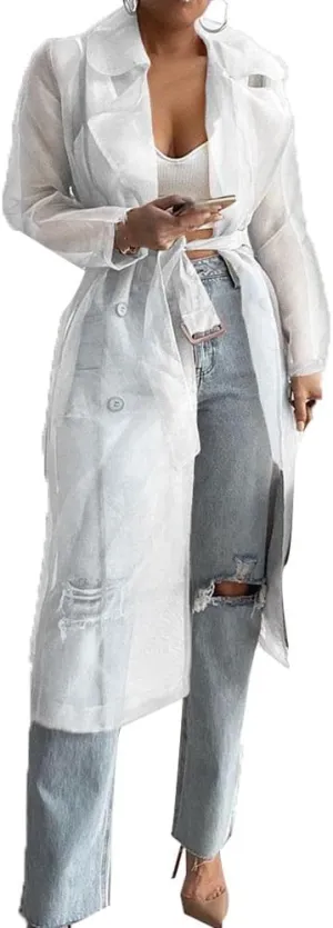 SOMTHRON Women's Sheer Mesh Long Sleeve Jacket Summer See Through Belted Button Down Lightweight Cardigan