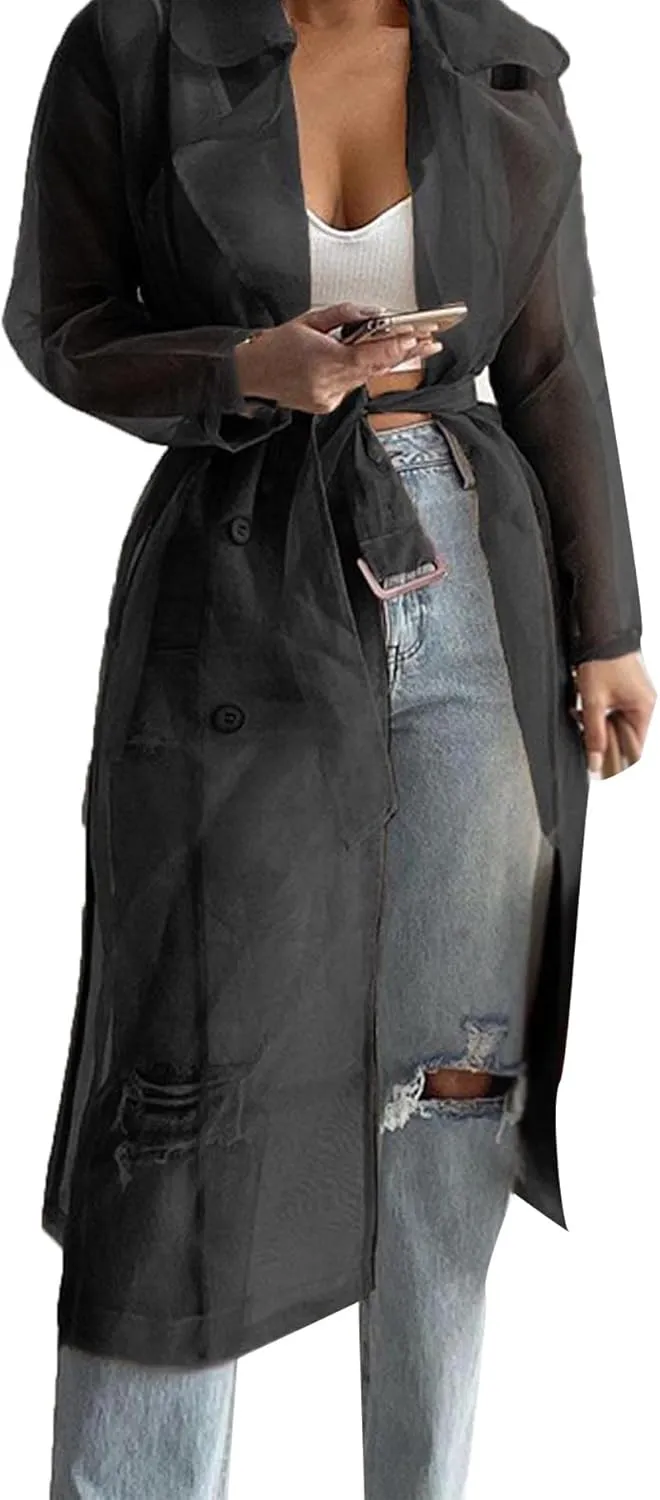 SOMTHRON Women's Sheer Mesh Long Sleeve Jacket Summer See Through Belted Button Down Lightweight Cardigan