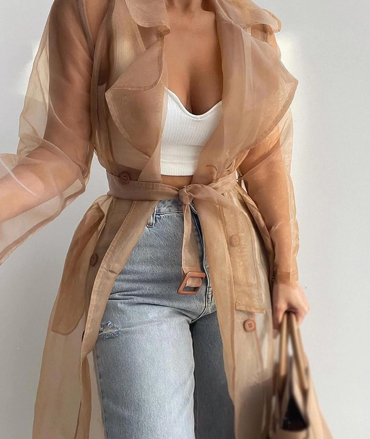 SOMTHRON Women's Sheer Mesh Long Sleeve Jacket Summer See Through Belted Button Down Lightweight Cardigan