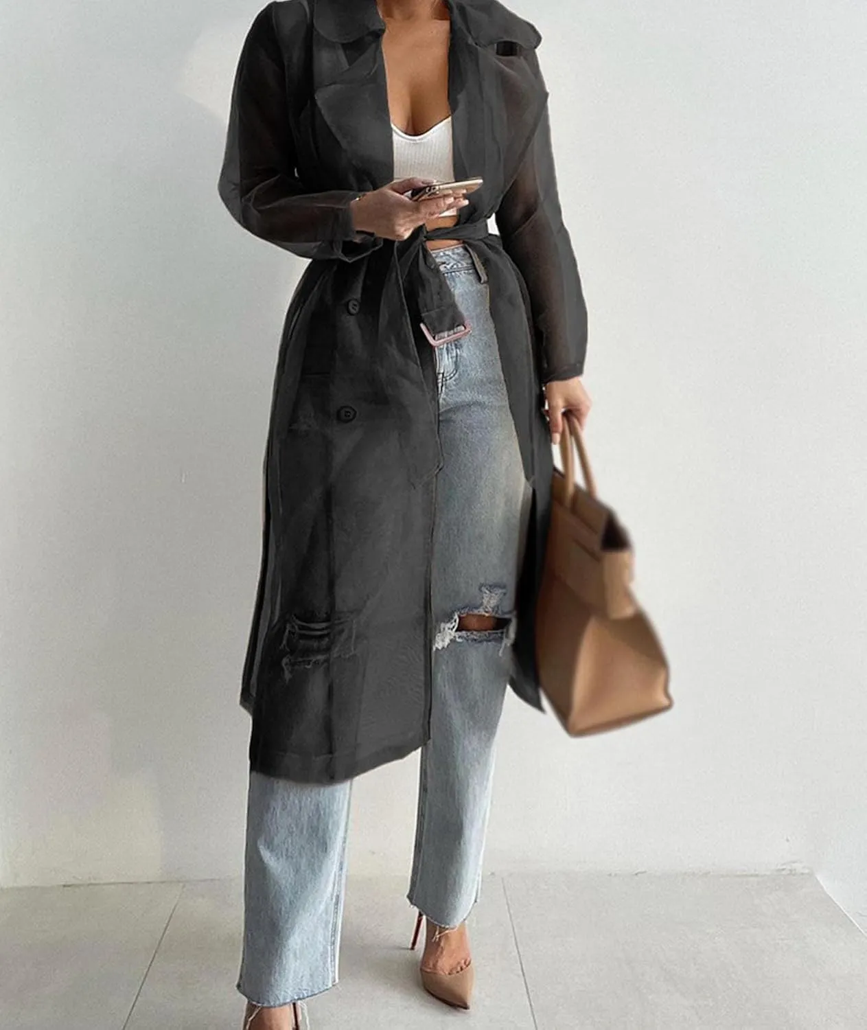 SOMTHRON Women's Sheer Mesh Long Sleeve Jacket Summer See Through Belted Button Down Lightweight Cardigan