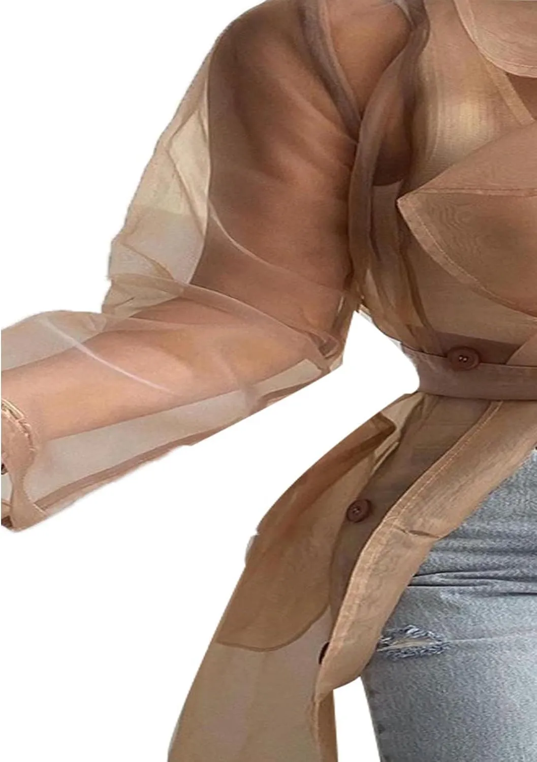 SOMTHRON Women's Sheer Mesh Long Sleeve Jacket Summer See Through Belted Button Down Lightweight Cardigan
