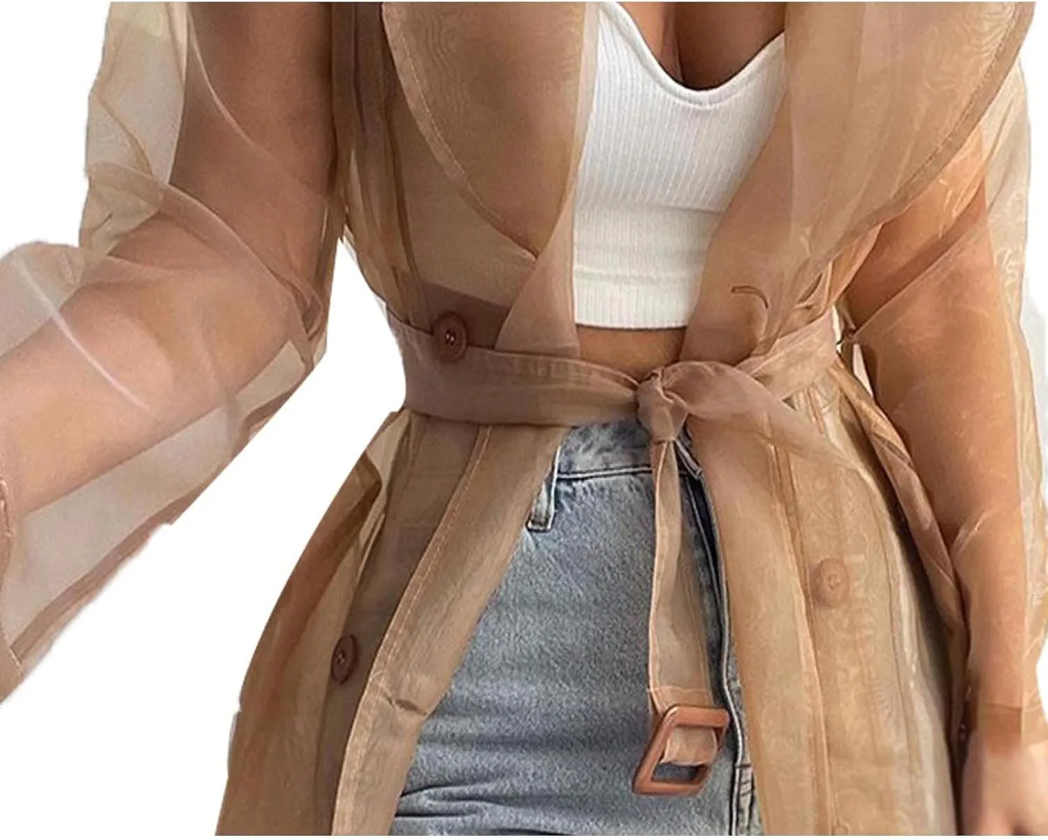 SOMTHRON Women's Sheer Mesh Long Sleeve Jacket Summer See Through Belted Button Down Lightweight Cardigan