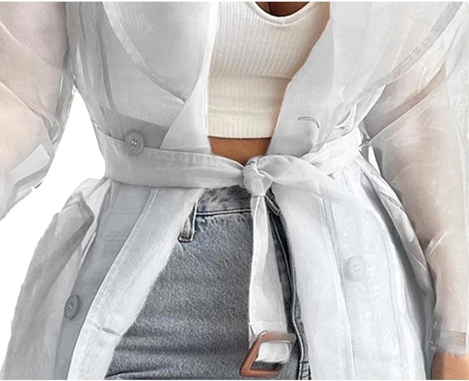 SOMTHRON Women's Sheer Mesh Long Sleeve Jacket Summer See Through Belted Button Down Lightweight Cardigan