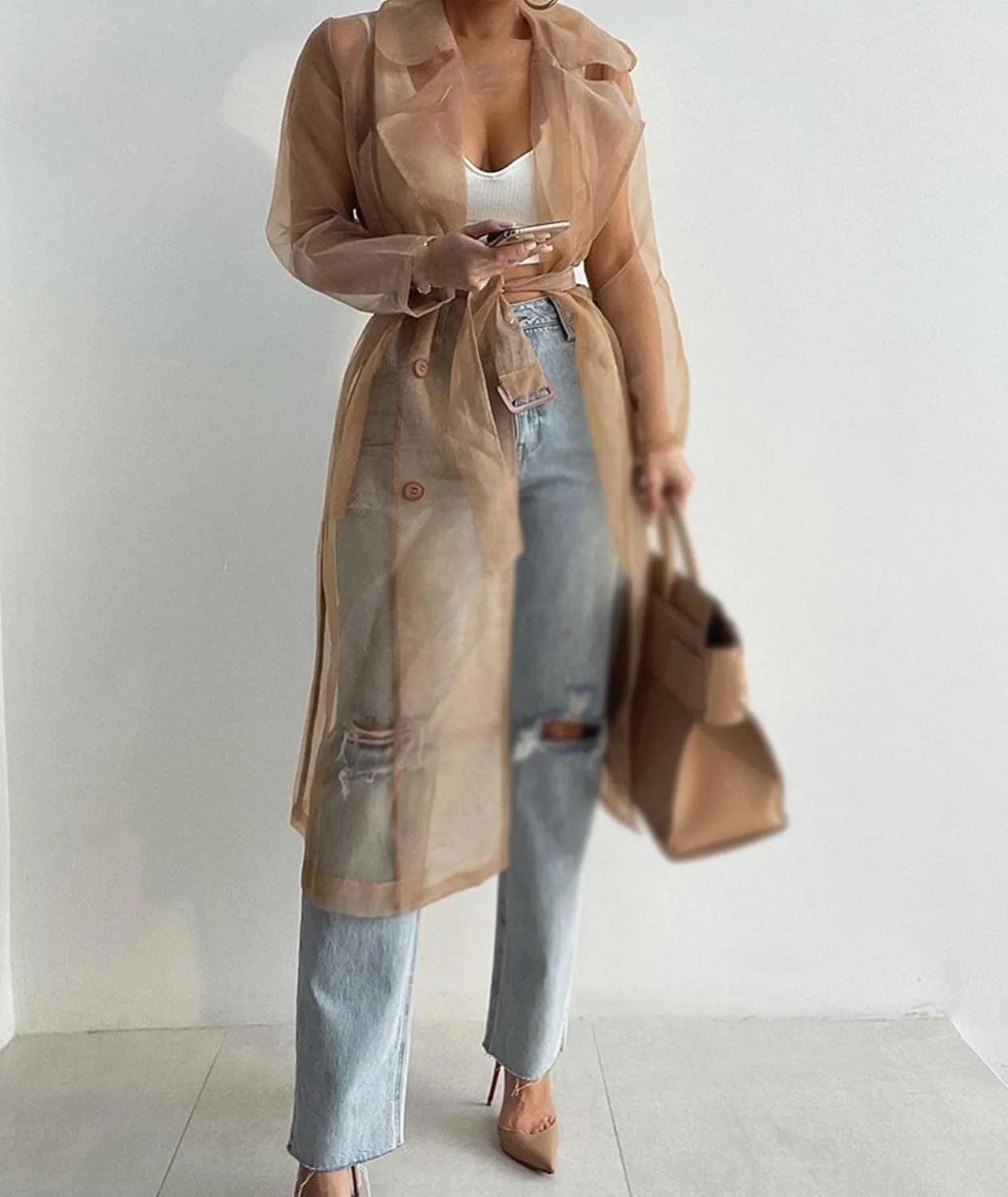 SOMTHRON Women's Sheer Mesh Long Sleeve Jacket Summer See Through Belted Button Down Lightweight Cardigan