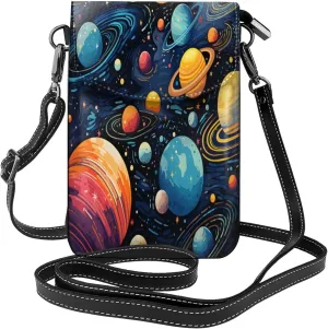 Space Planets Universe Painted Leather Crossbody Bag For Women, Small Cell Phone Purse Mini Shoulder Phone Bag Wallet Pouch