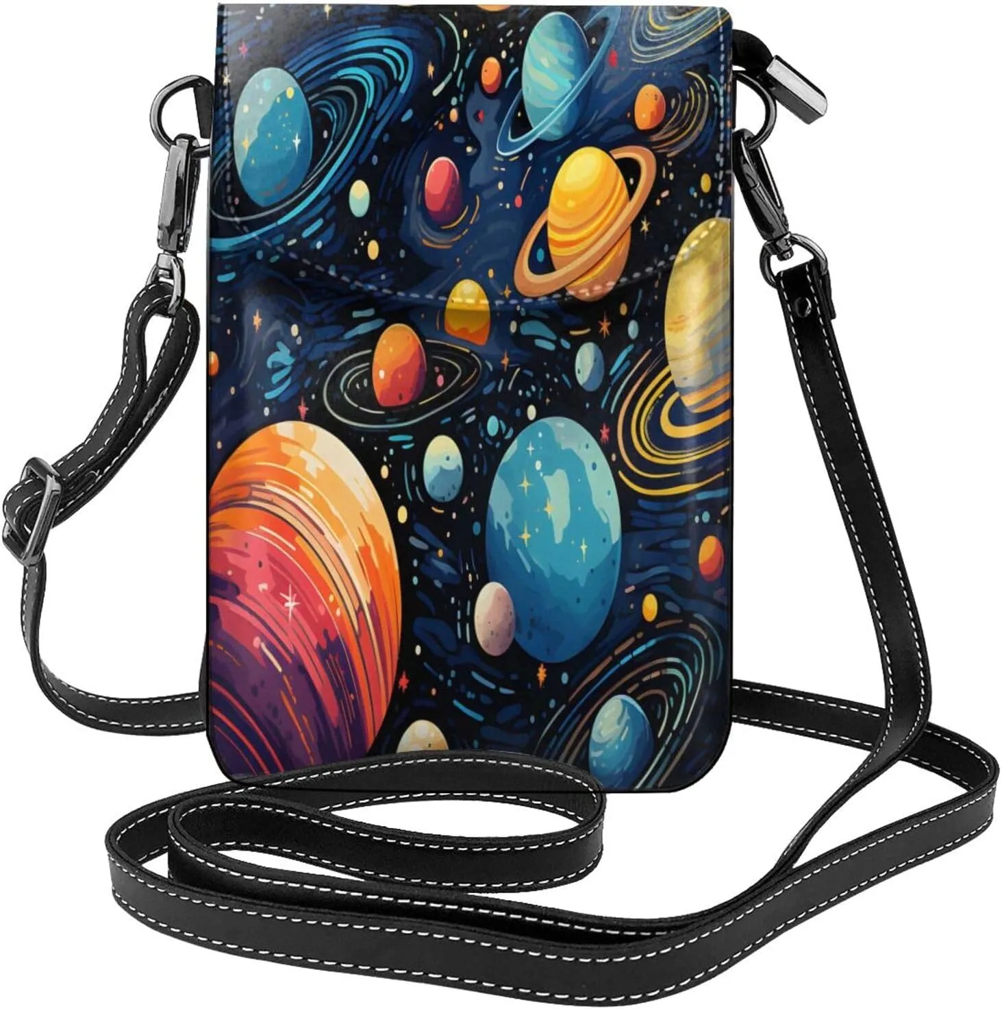Space Planets Universe Painted Leather Crossbody Bag For Women, Small Cell Phone Purse Mini Shoulder Phone Bag Wallet Pouch