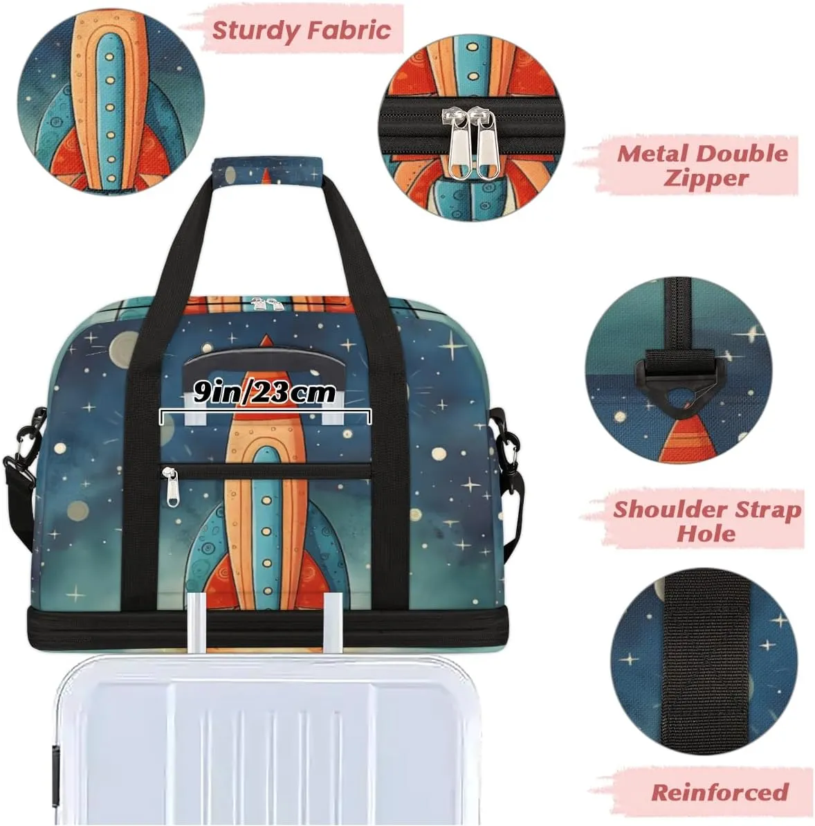 Space Rockets Foldable Duffle Bag with Shoes Compartment Large Capacity Waterproof Travel Weekender Bag Overnight Bag for Sports Gym