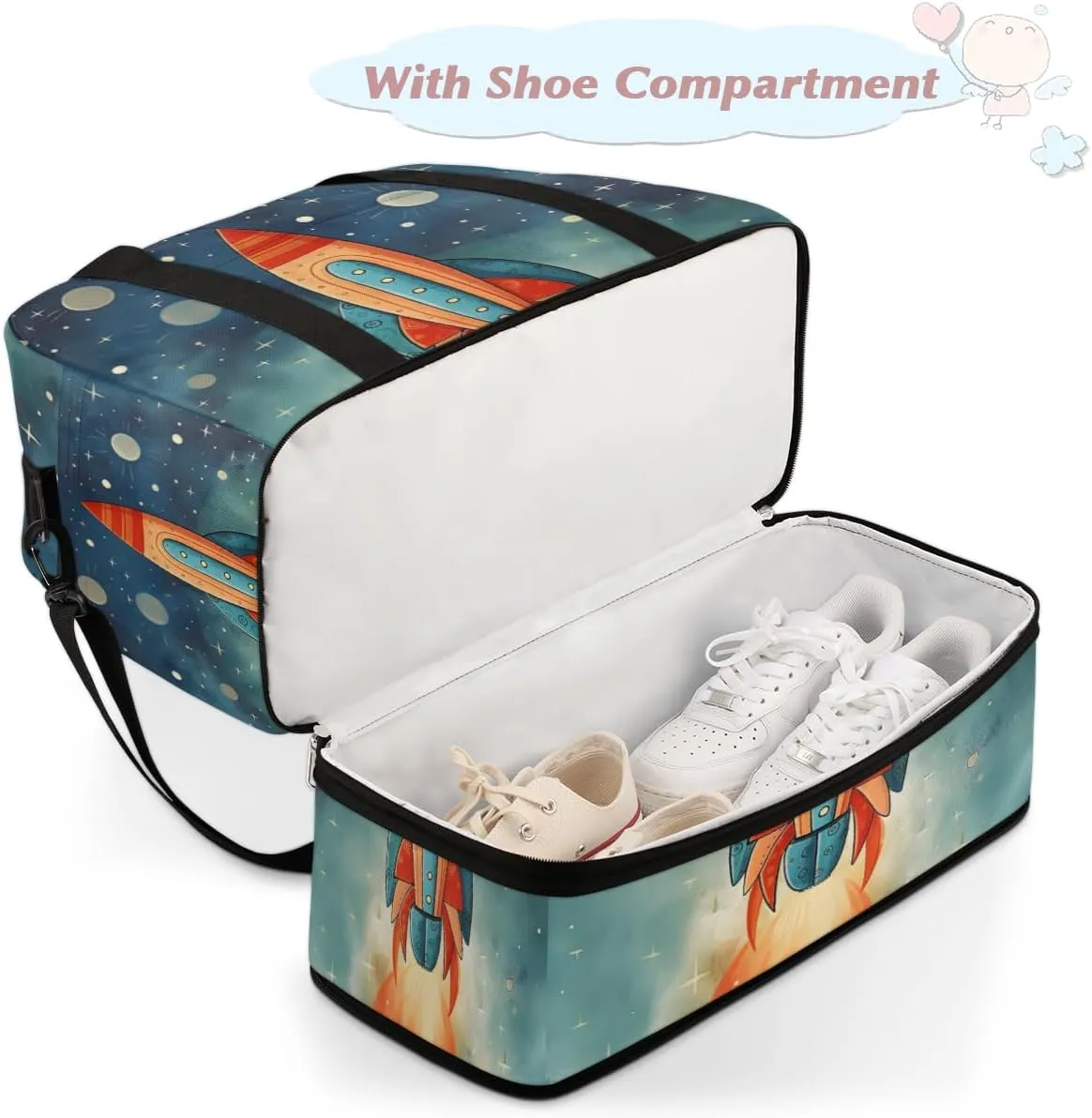 Space Rockets Foldable Duffle Bag with Shoes Compartment Large Capacity Waterproof Travel Weekender Bag Overnight Bag for Sports Gym