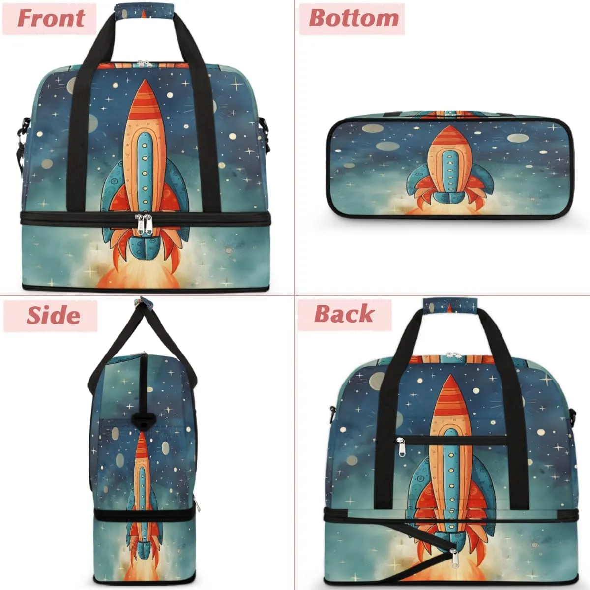 Space Rockets Foldable Duffle Bag with Shoes Compartment Large Capacity Waterproof Travel Weekender Bag Overnight Bag for Sports Gym