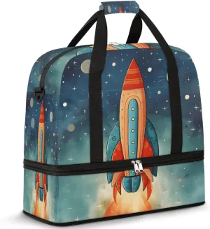 Space Rockets Foldable Duffle Bag with Shoes Compartment Large Capacity Waterproof Travel Weekender Bag Overnight Bag for Sports Gym