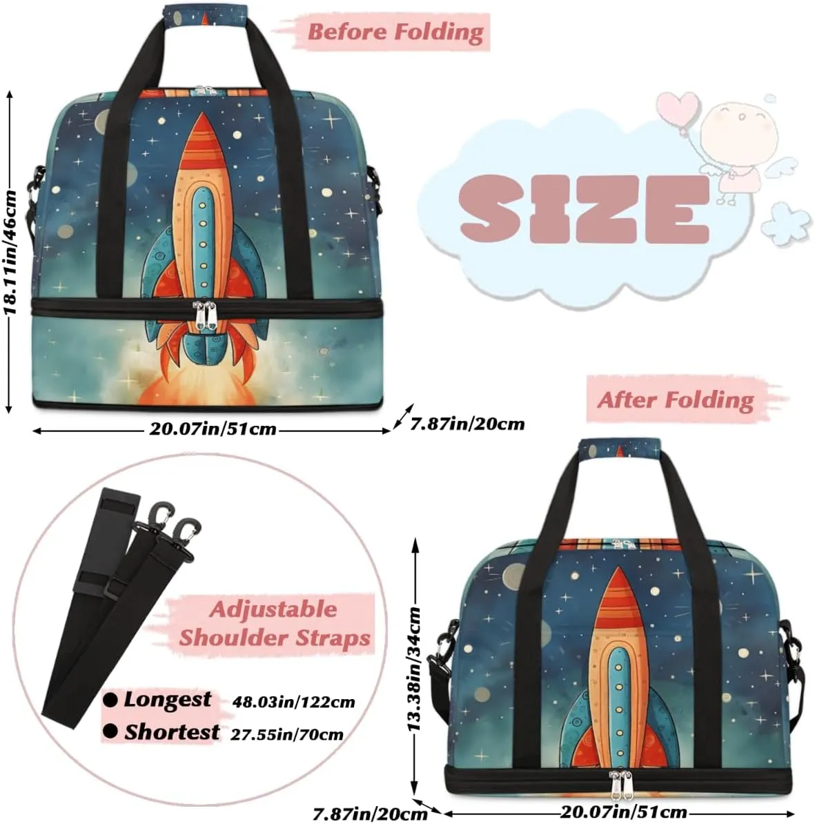 Space Rockets Foldable Duffle Bag with Shoes Compartment Large Capacity Waterproof Travel Weekender Bag Overnight Bag for Sports Gym