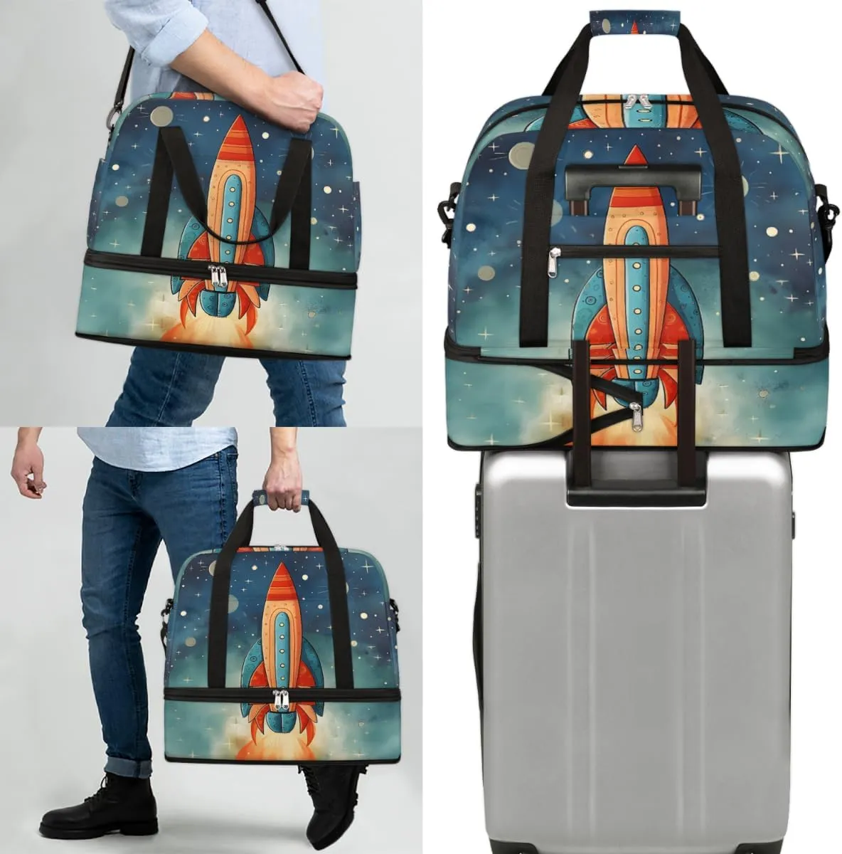 Space Rockets Foldable Duffle Bag with Shoes Compartment Large Capacity Waterproof Travel Weekender Bag Overnight Bag for Sports Gym