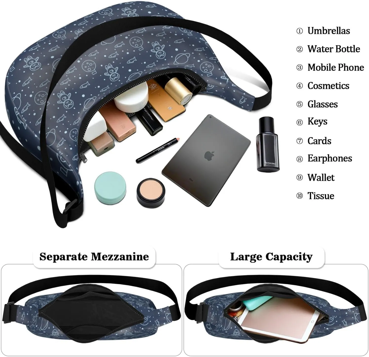 Space Sling Crossbody Bag for Women Crescent Bag with Adjustable Strap Waterproof Nylon Galaxy Shoulder Bag for Daily Work