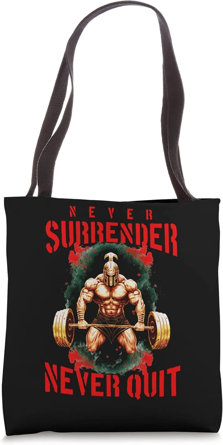 Spartan Bodybuilding Never Surrender Gym Workout Motivation Tote Bag