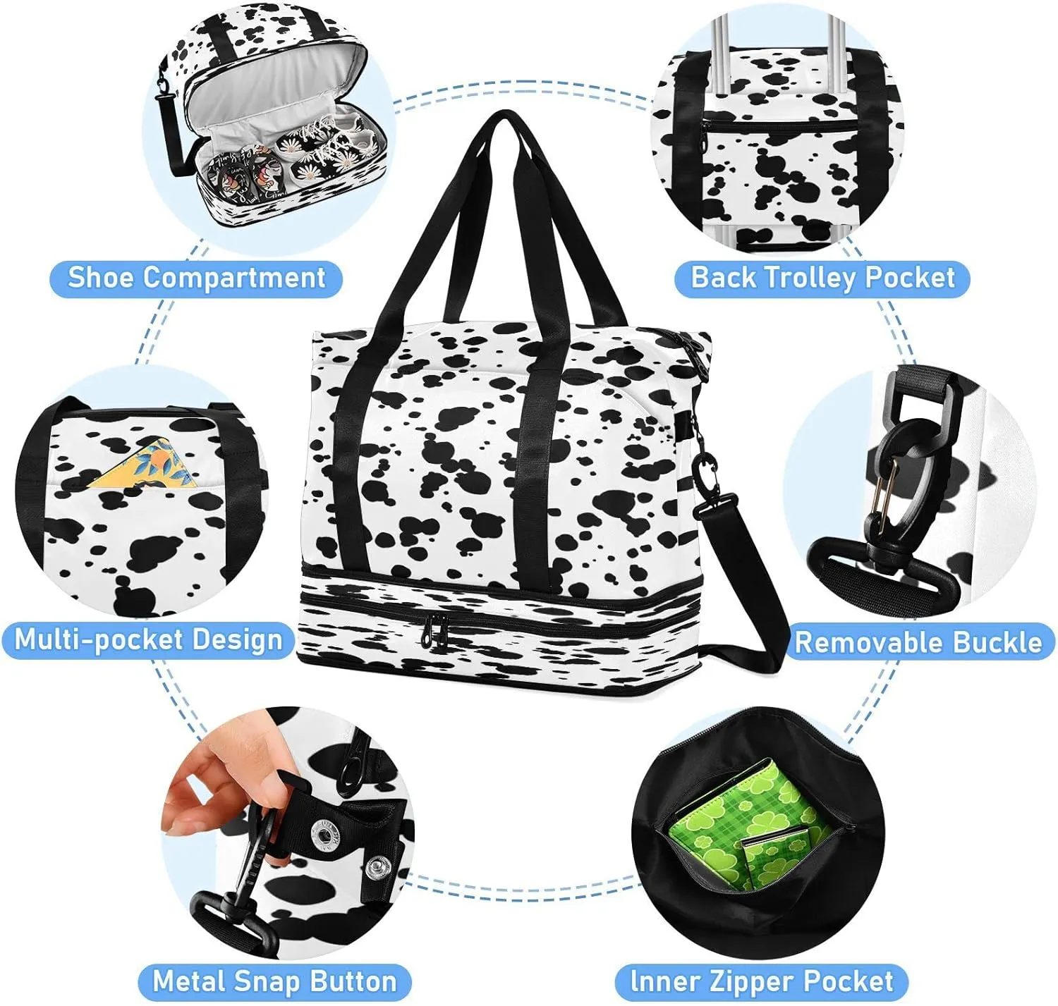Sport Tote Bag for Women,Gym Bag Black White Duffle Bag with Shoe Compartment and Wet Pocket,Ladies Beach Bag Overnight Bag,Weekender Bag Carry on Bag for Airplane