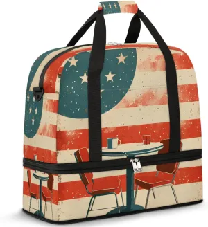 Sports Duffel Bag, Foldable 4th of July Travel Duffel Bag, Gym Yoga Beach Bag Weekender Overnight Bag with Shoes Compartment for Men Women, American Flag Coffee Shop
