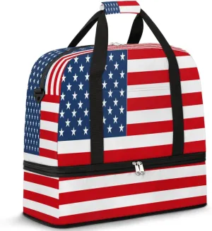 Sports Duffel Bag, Foldable 4th Of July Travel Duffel Bag, Gym Yoga Beach Bag Weekender Overnight Bag with Shoes Compartment for Men Women, American Flag