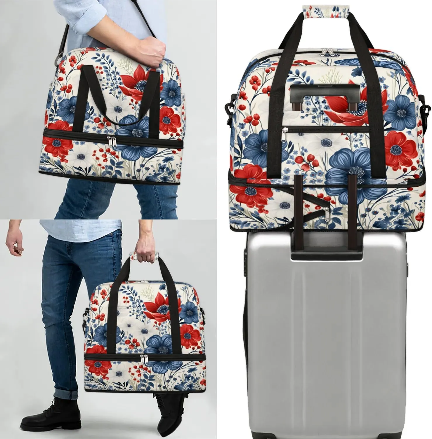 Sports Duffel Bag, Foldable 4th of July Travel Duffel Bag, Gym Yoga Beach Bag Weekender Overnight Bag with Shoes Compartment for Men Women, Flower Patriotic Memorial Day