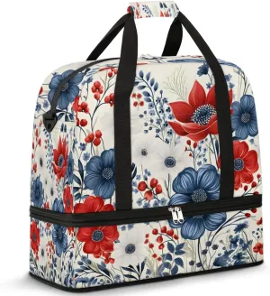 Sports Duffel Bag, Foldable 4th of July Travel Duffel Bag, Gym Yoga Beach Bag Weekender Overnight Bag with Shoes Compartment for Men Women, Flower Patriotic Memorial Day