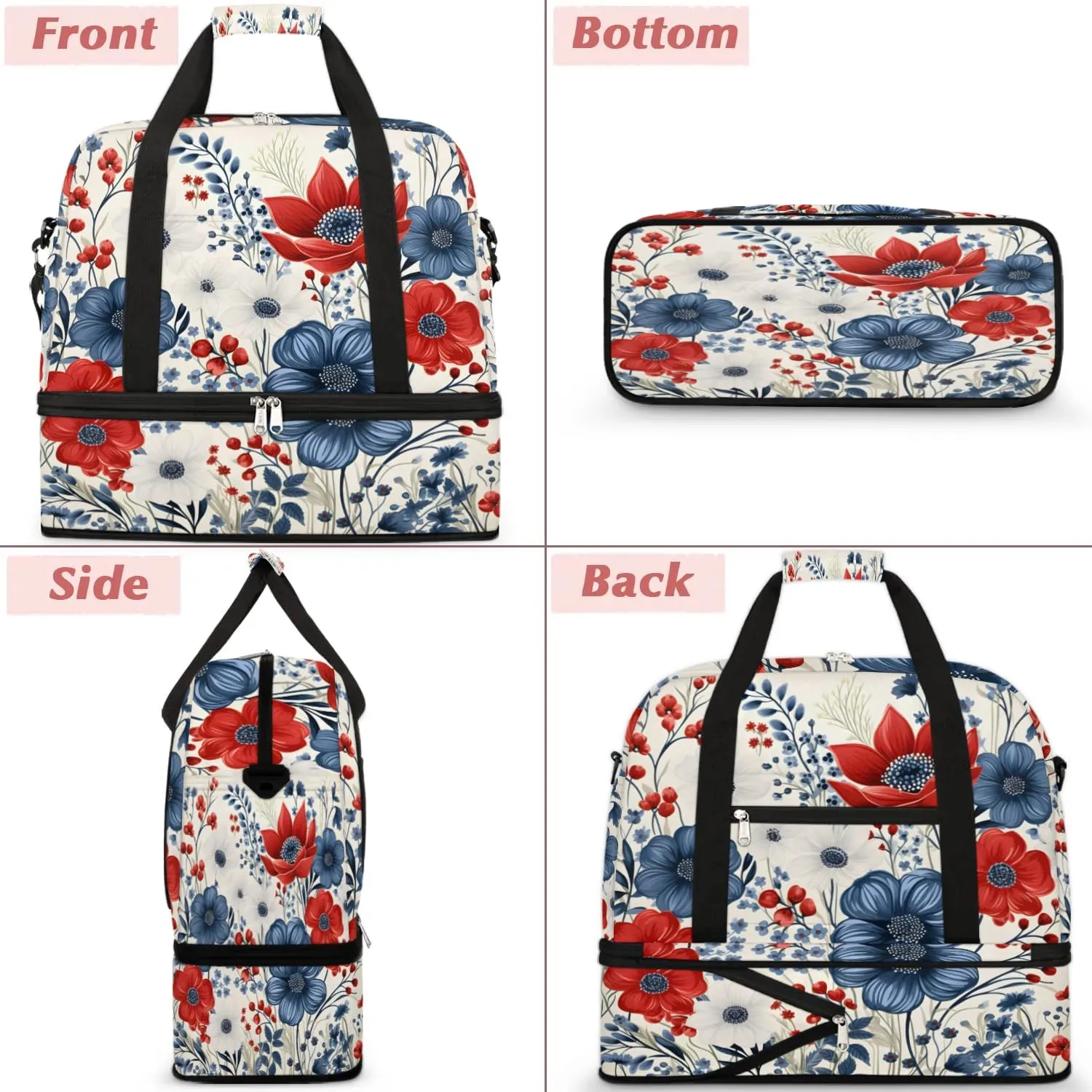 Sports Duffel Bag, Foldable 4th of July Travel Duffel Bag, Gym Yoga Beach Bag Weekender Overnight Bag with Shoes Compartment for Men Women, Flower Patriotic Memorial Day