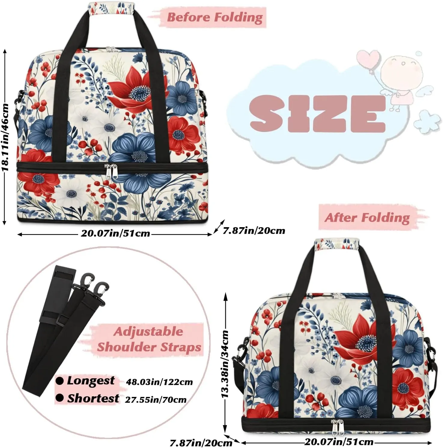 Sports Duffel Bag, Foldable 4th of July Travel Duffel Bag, Gym Yoga Beach Bag Weekender Overnight Bag with Shoes Compartment for Men Women, Flower Patriotic Memorial Day