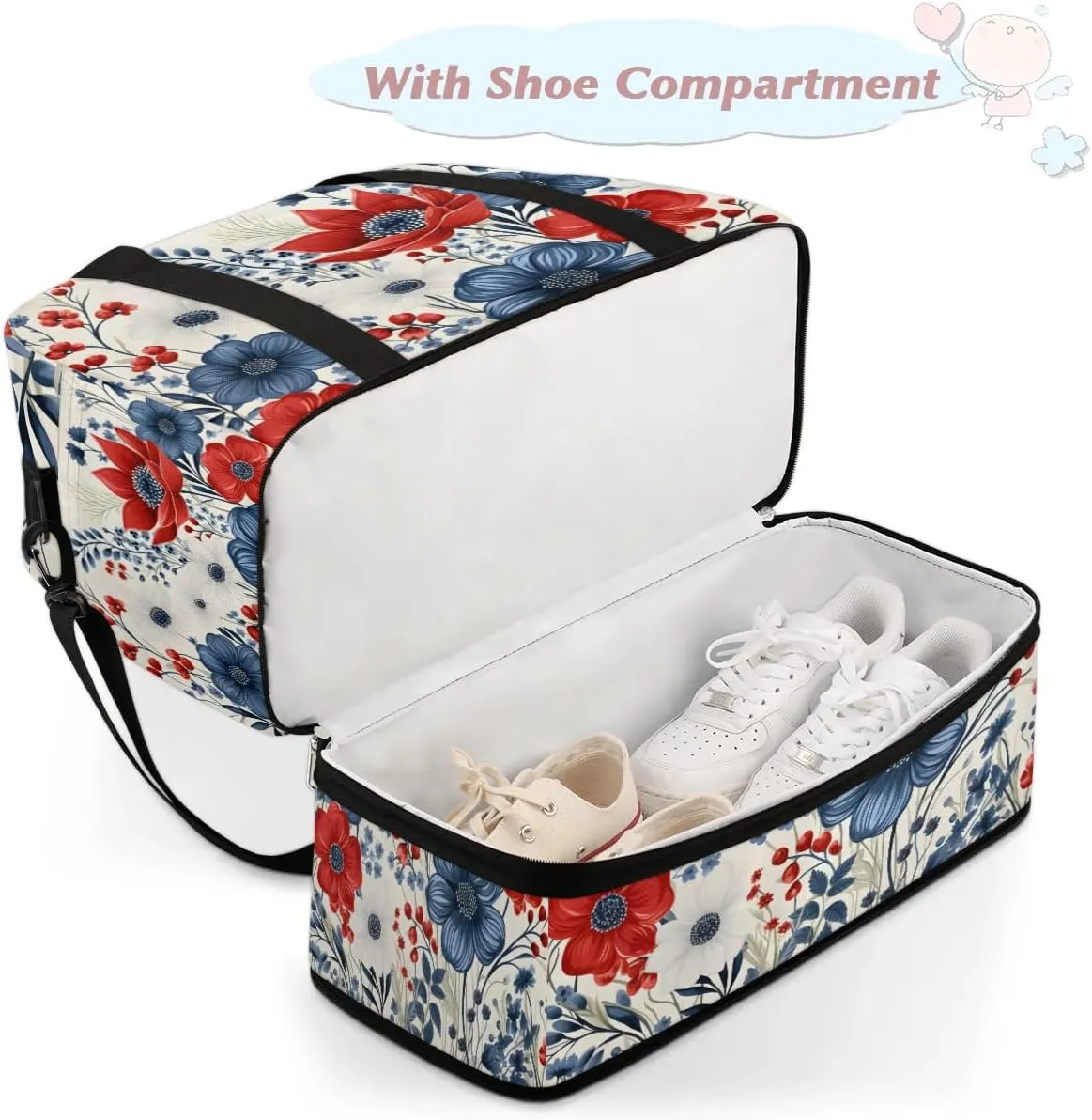 Sports Duffel Bag, Foldable 4th of July Travel Duffel Bag, Gym Yoga Beach Bag Weekender Overnight Bag with Shoes Compartment for Men Women, Flower Patriotic Memorial Day