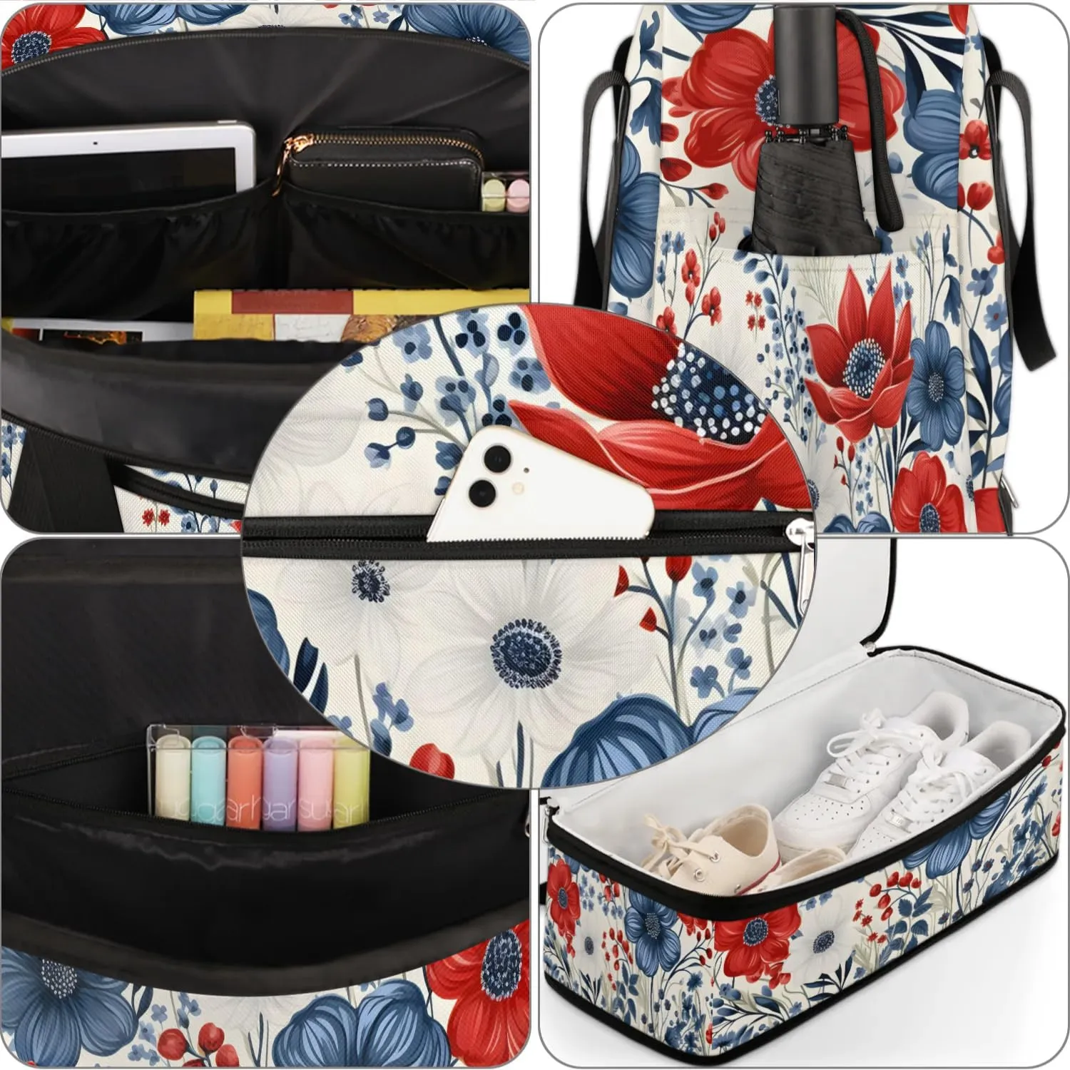 Sports Duffel Bag, Foldable 4th of July Travel Duffel Bag, Gym Yoga Beach Bag Weekender Overnight Bag with Shoes Compartment for Men Women, Flower Patriotic Memorial Day