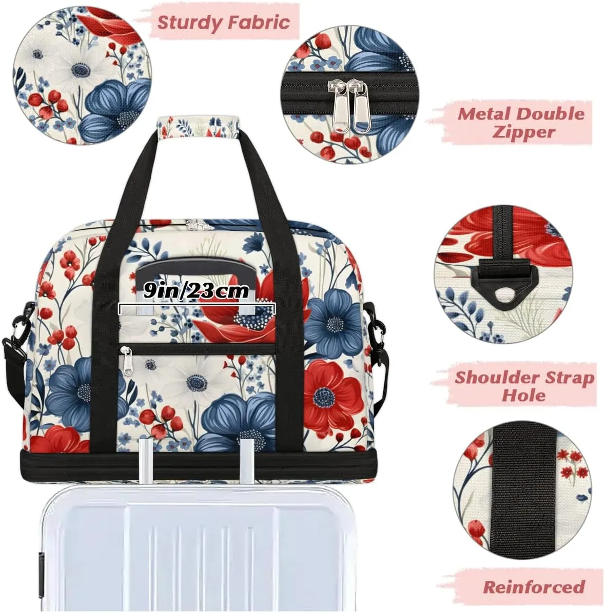 Sports Duffel Bag, Foldable 4th of July Travel Duffel Bag, Gym Yoga Beach Bag Weekender Overnight Bag with Shoes Compartment for Men Women, Flower Patriotic Memorial Day