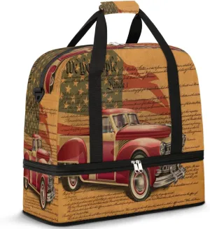 Sports Duffel Bag, Foldable 4th of July Vintage Travel Duffel Bag, Gym Yoga Beach Bag Weekender Overnight Bag with Shoes Compartment for Men Women, American Flag Car