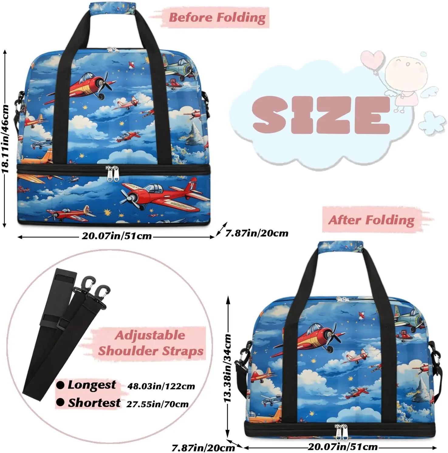 Sports Duffel Bag, Foldable Aircraft Airplane Printed Travel Duffel Bag, Gym Yoga Beach Bag Weekender Overnight Bag with Shoes Compartment for Men Women, Vintage Airplane