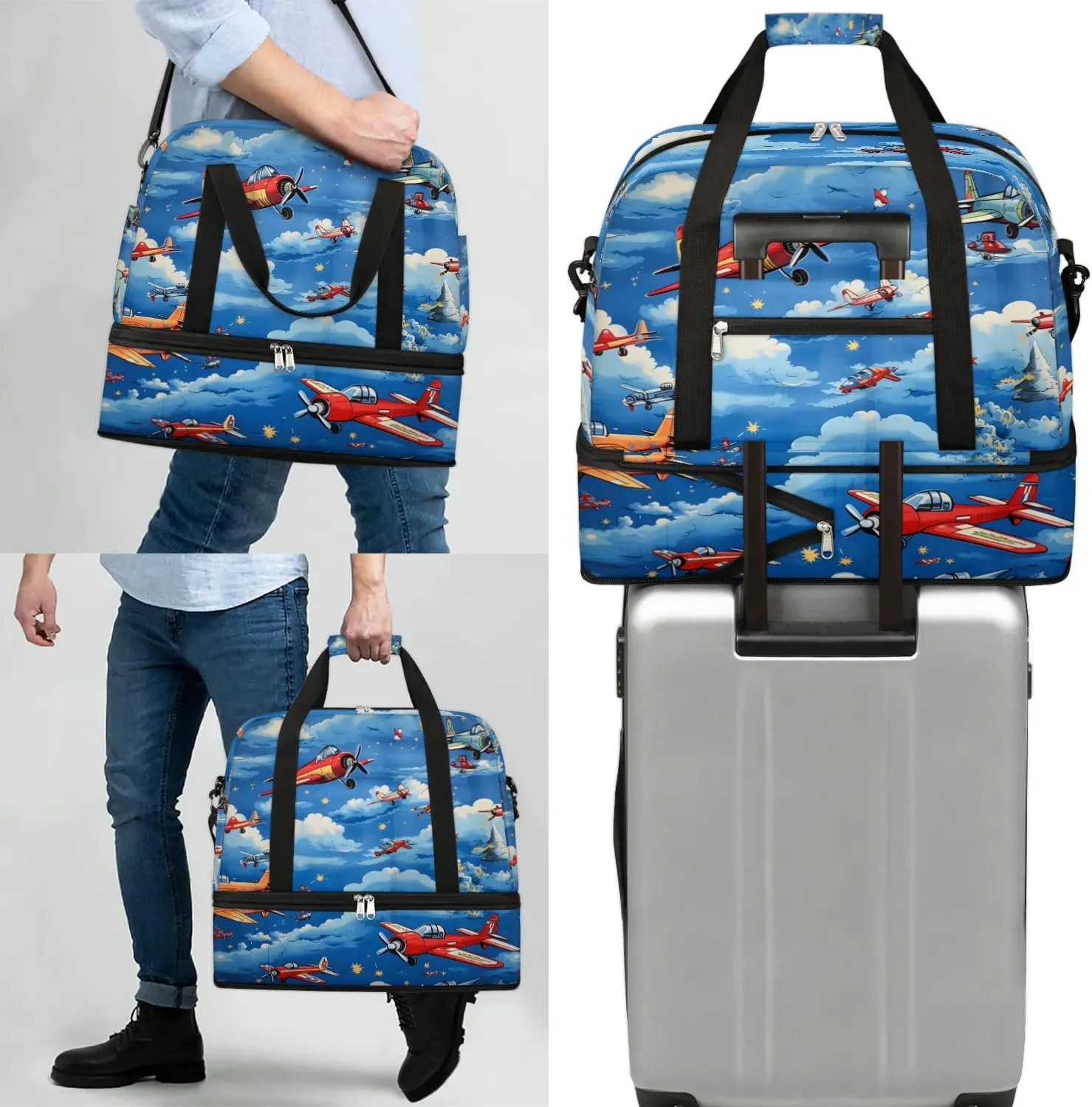 Sports Duffel Bag, Foldable Aircraft Airplane Printed Travel Duffel Bag, Gym Yoga Beach Bag Weekender Overnight Bag with Shoes Compartment for Men Women, Vintage Airplane
