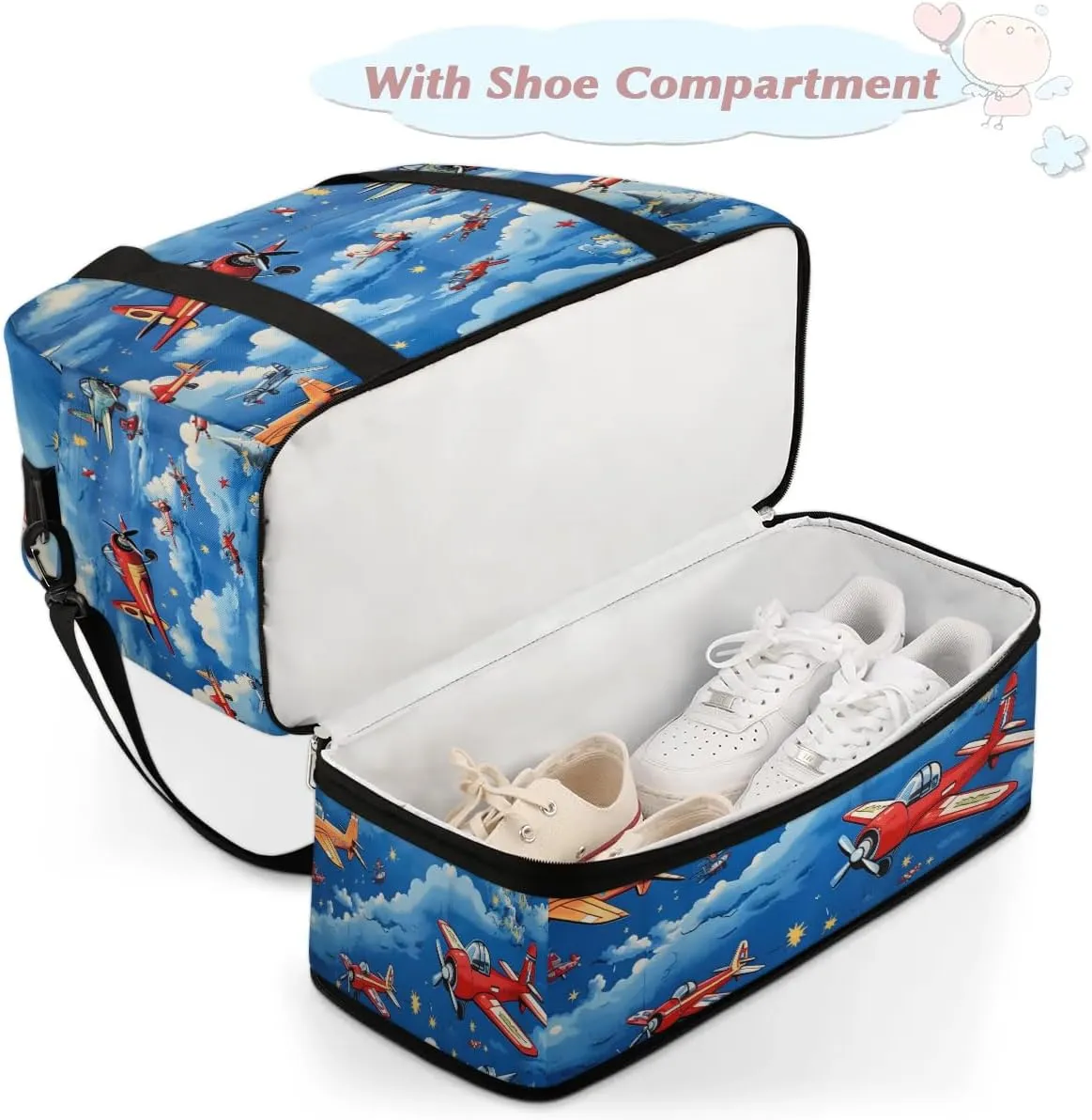 Sports Duffel Bag, Foldable Aircraft Airplane Printed Travel Duffel Bag, Gym Yoga Beach Bag Weekender Overnight Bag with Shoes Compartment for Men Women, Vintage Airplane