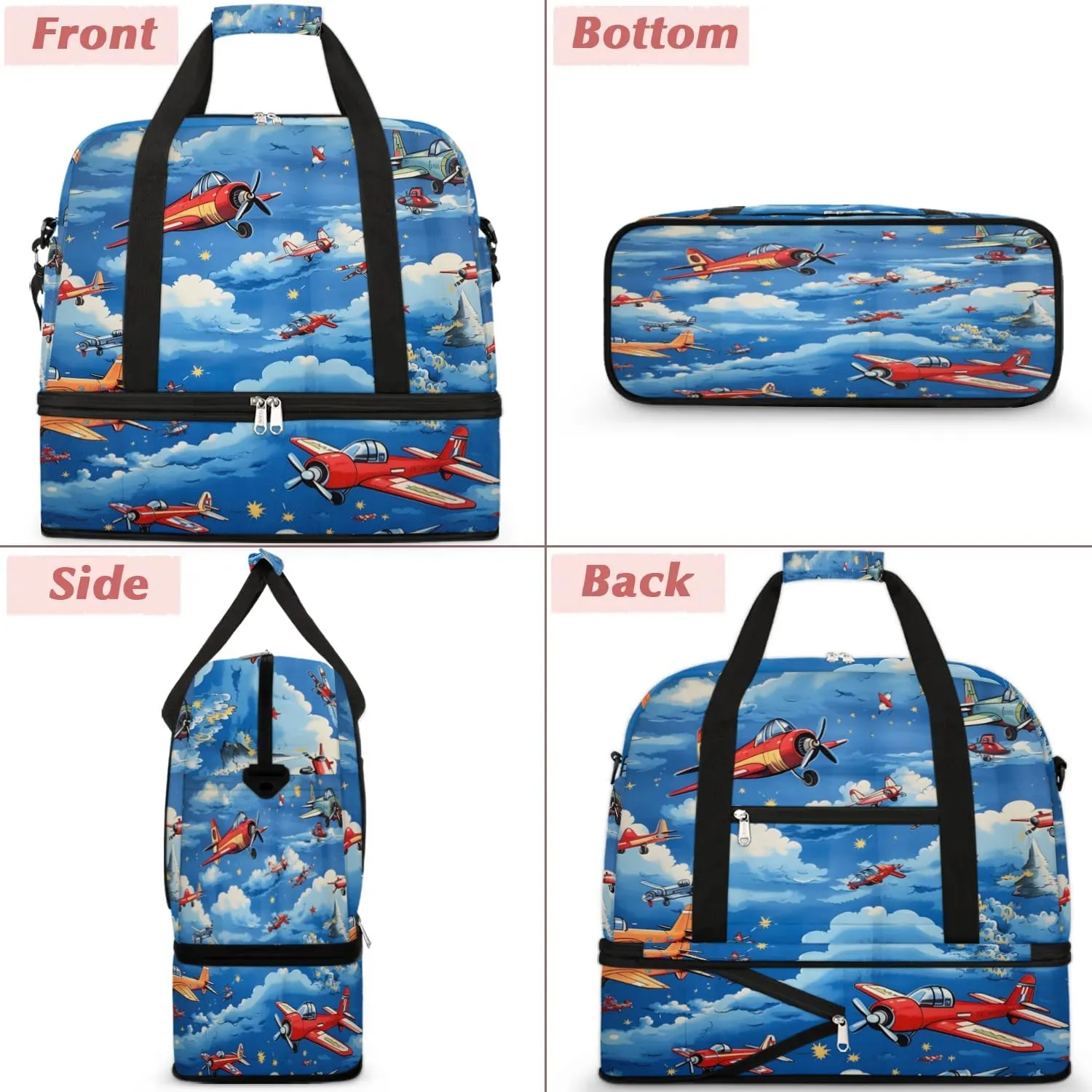 Sports Duffel Bag, Foldable Aircraft Airplane Printed Travel Duffel Bag, Gym Yoga Beach Bag Weekender Overnight Bag with Shoes Compartment for Men Women, Vintage Airplane